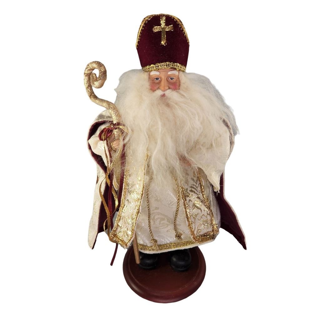 Tina Mitchell Fabric Santa Claus Bishop Red Coat 12 In Tall Wood Base Xmas READ